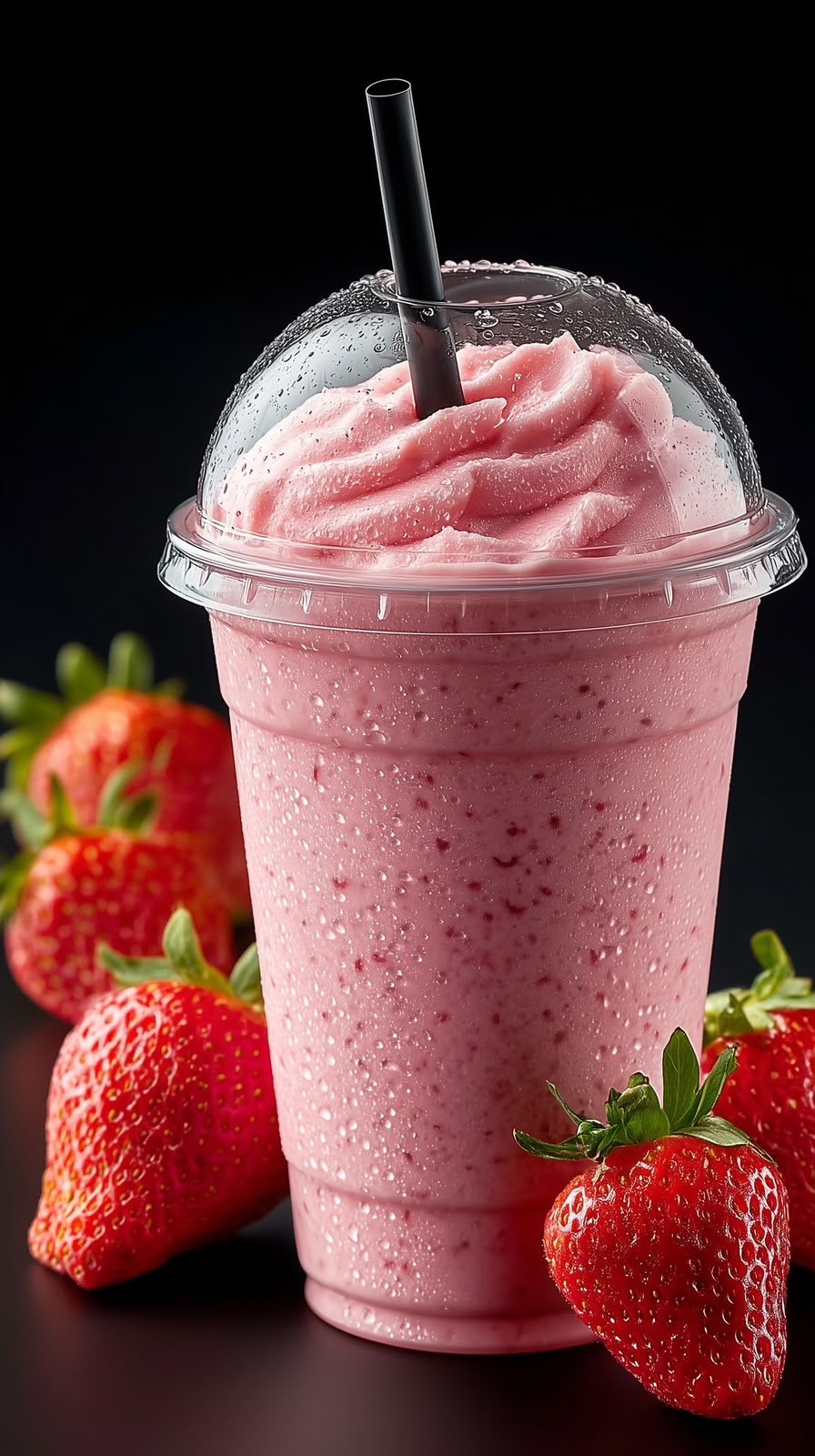 Pink strawberry smoothie in a domed cup surrounded by fresh strawberries