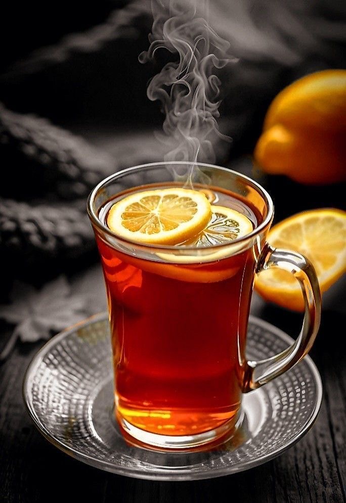 Glass cup of hot black tea with lemon slices, steam rising