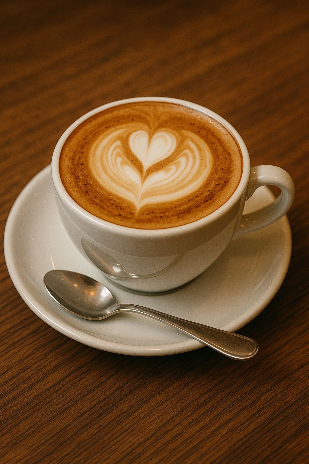 Macchiato in a white cup with heart-shaped latte art on a wooden table