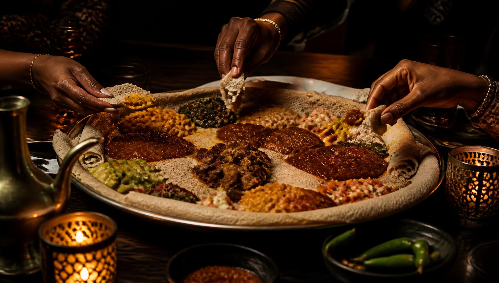 Hands sharing injera over a large Ethiopian platter by candlelight