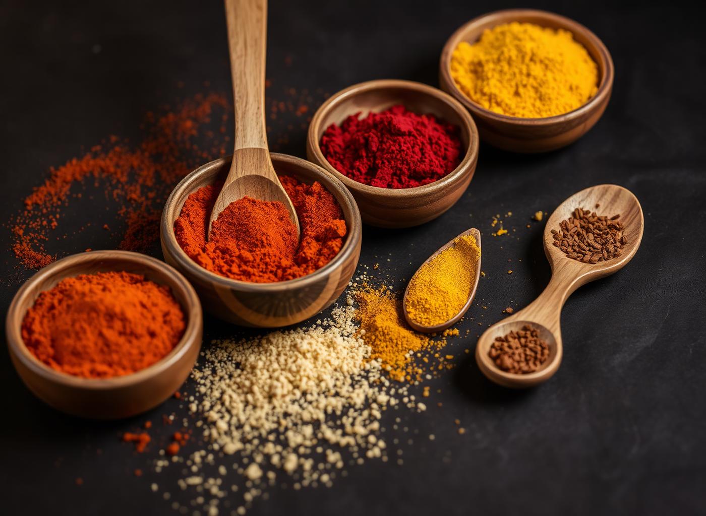 Ethiopian berbere and mitmita spices in wooden bowls