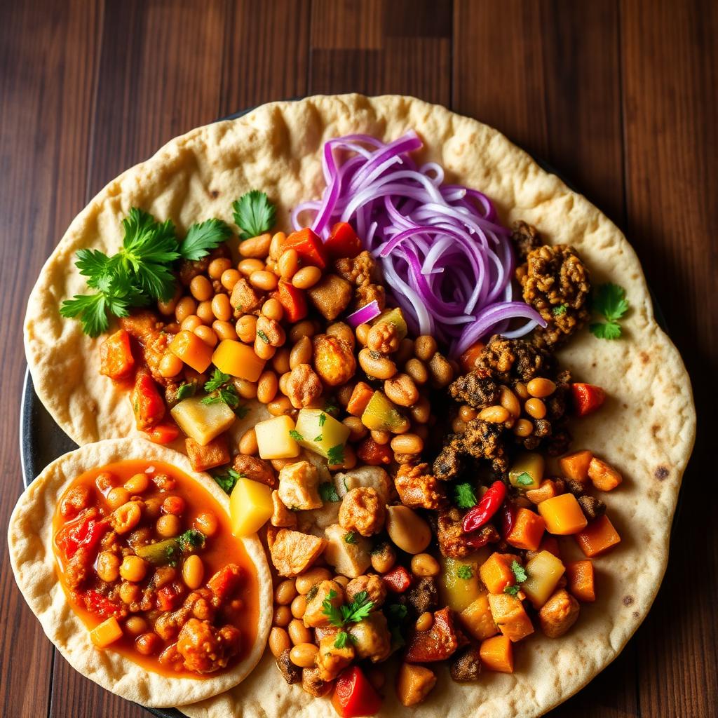 Ethiopian vegetarian platter with lentil, chickpea and vegetable portions on injera